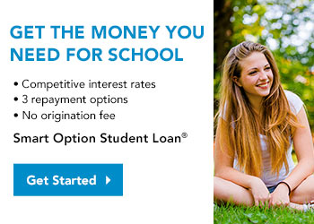 Get the money you need for school. Competitive interest rates. 3 repayment options. No origination fee. Smart Option Student Loan. Get started button. Smiling woman sitting in the grass.